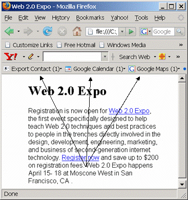 web2-expo-plus-hCard-plus-geo.html displayed in Firefox shows three actions that can be taken