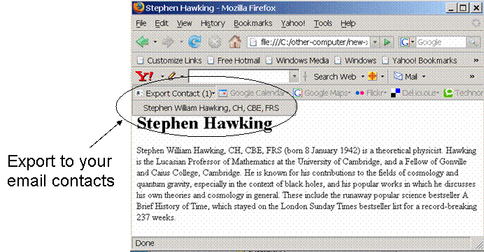 Browser Web tool displays Steven Hawkingcontact information