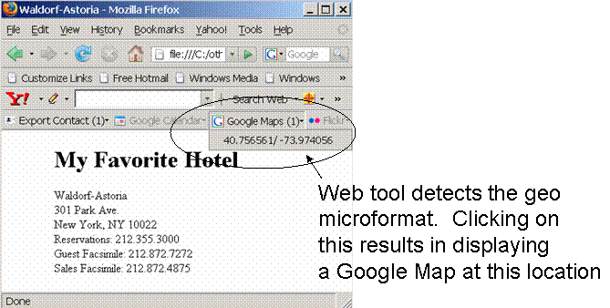Browser Web tool displays the lat/lon of the Waldorf-Astoria